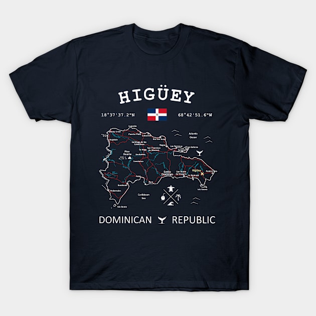 Higüey Dominican Republic Flag Travel Map Coordinates GPS T-Shirt by French Salsa